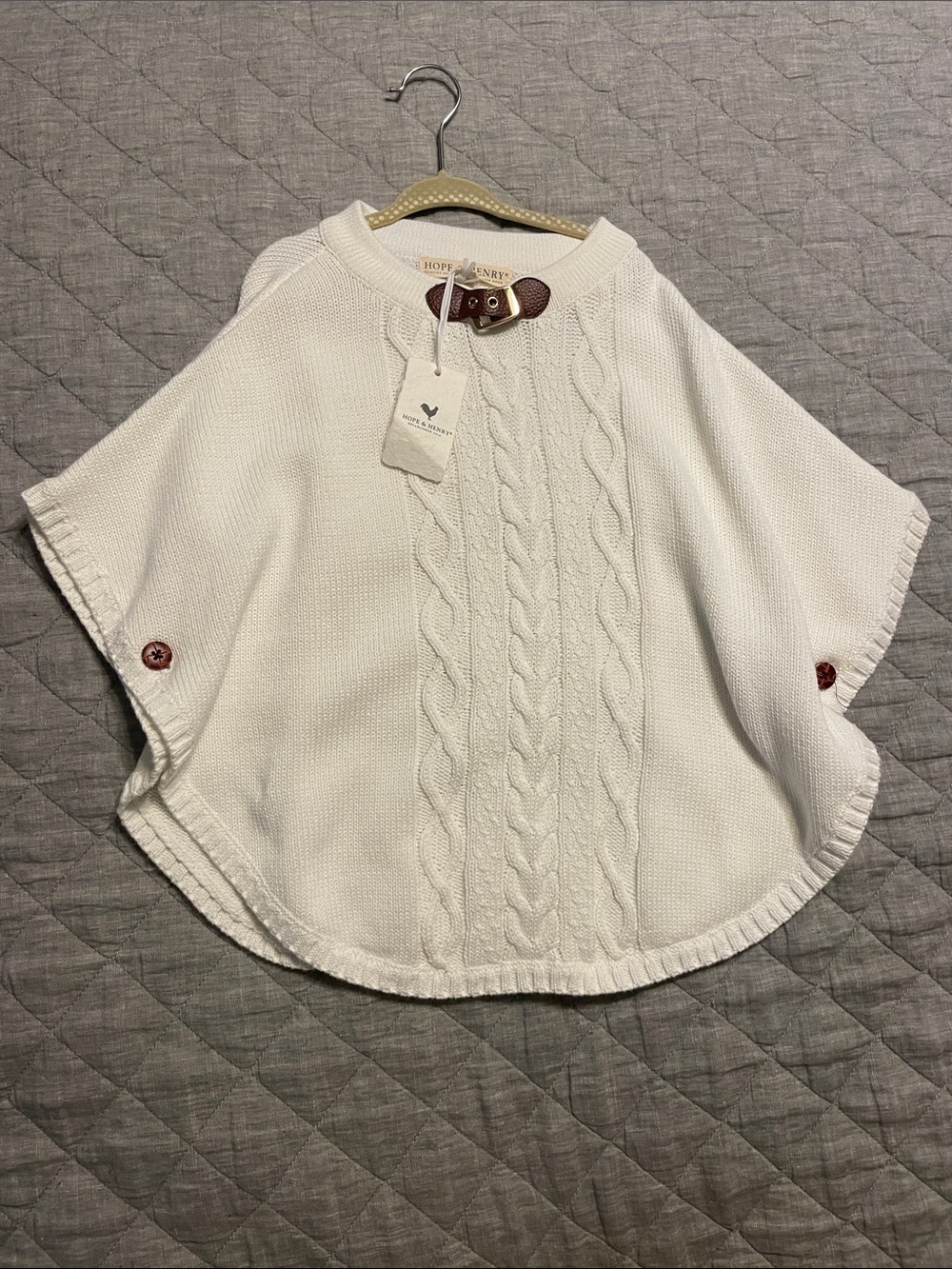 Girls Cream Cable-Knit Poncho with Leather Buckle Detail